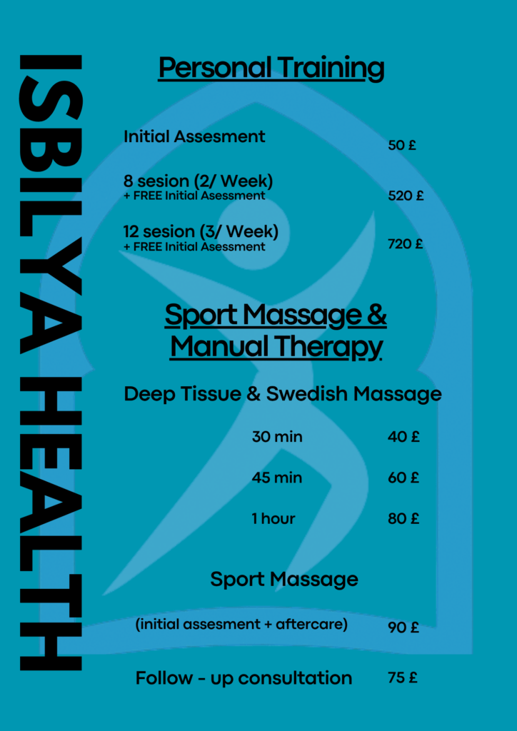 Personal training, sports massage and manual therapy price menu